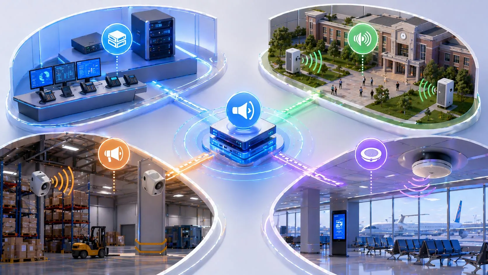 Exemples d’application de l’appel prioritaire dans les hôpitaux, usines industrielles, campus, bureaux et zones de sonorisation via téléphones IP et haut-parleurs
