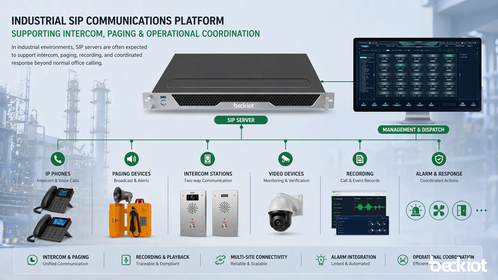 Plateforme de communications SIP industrielle prenant en charge interphonie, paging et coordination opérationnelle