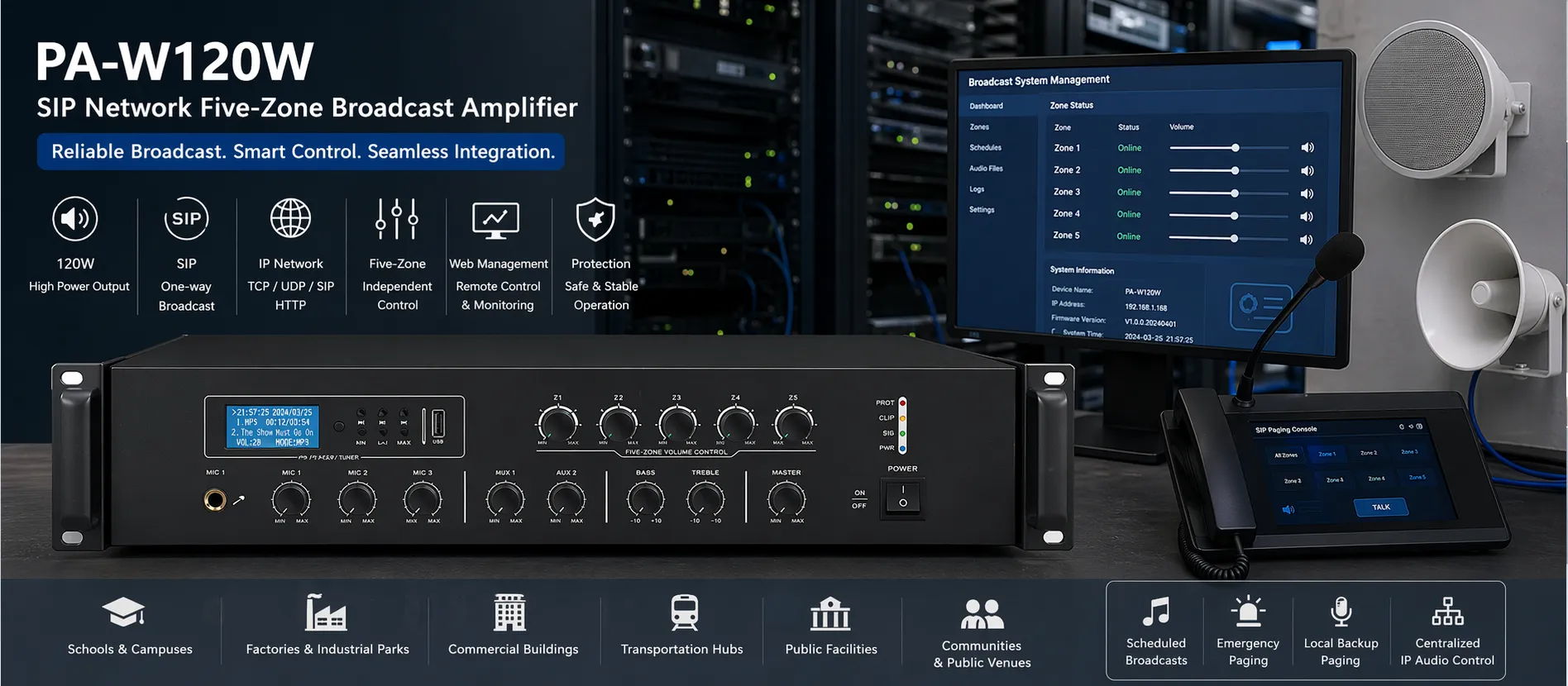Amplificateur de diffusion réseau SIP cinq zones PA-W120W installé dans un environnement audio IP professionnel