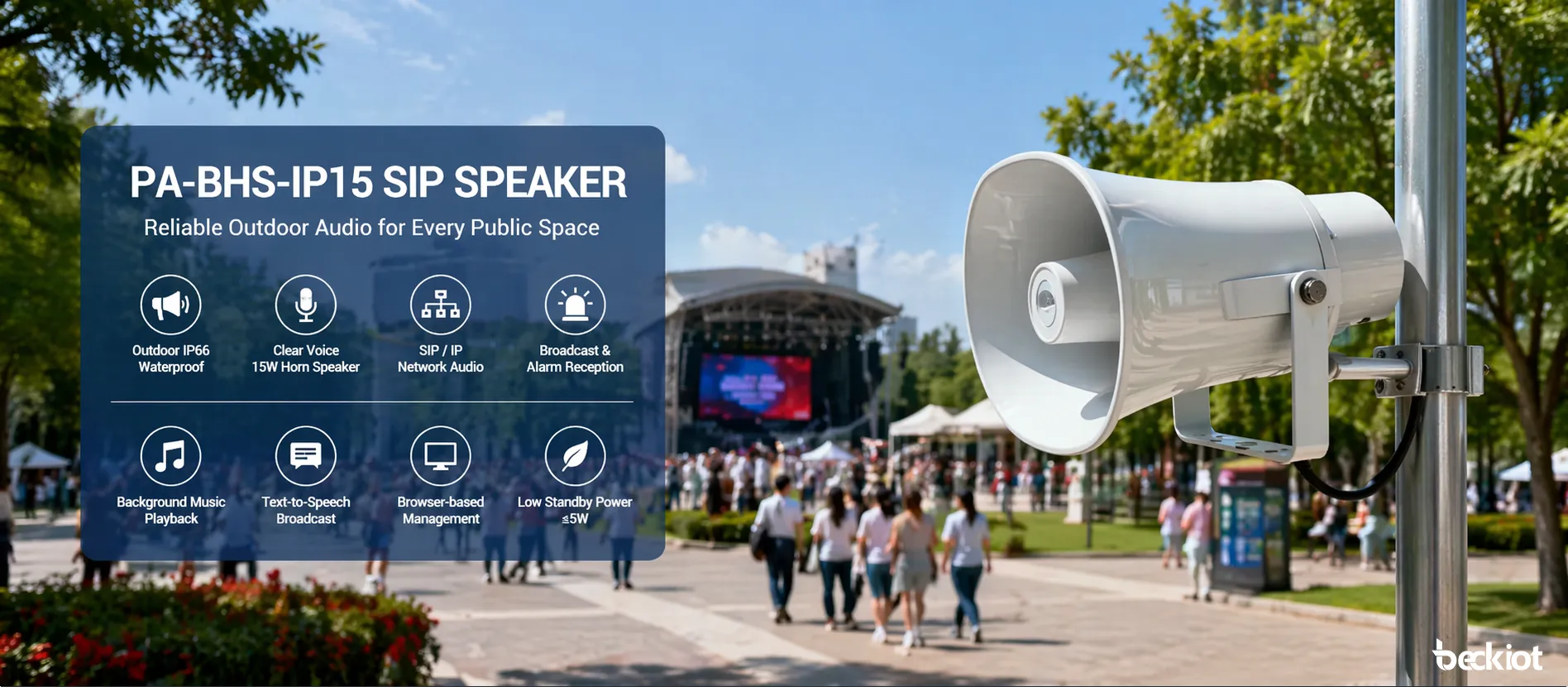 Haut-parleur SIP PA-BHS-IP15 utilisé pour des annonces extérieures, des alertes et de l’audio de fond dans un lieu public