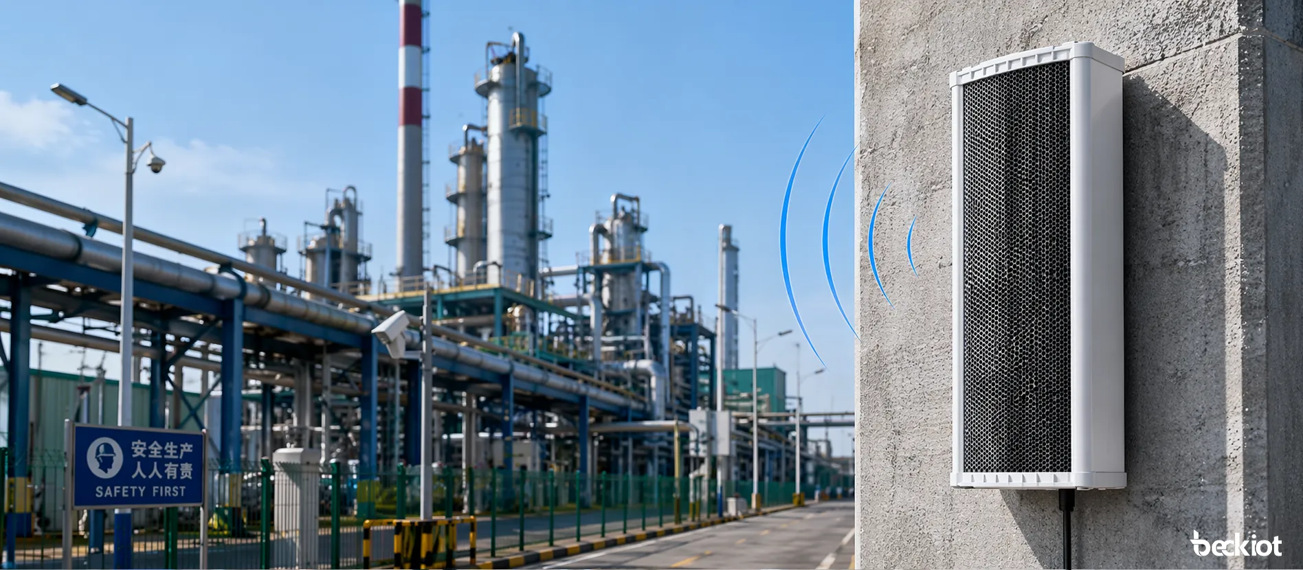 Haut-parleur colonne audio SIP 90W SK09 installé dans un environnement de diffusion publique industrielle extérieure