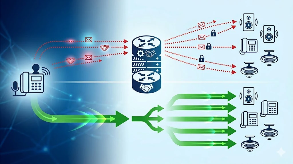 Principe du paging multicast SIP illustrant le contrôle SIP et la distribution multicast vers plusieurs terminaux