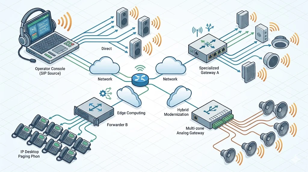 Déploiement de paging multicast SIP avec central IP, relais, adresses multicast et haut-parleurs par zone