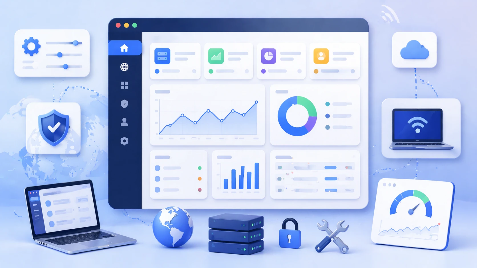 Fonctionnalités de gestion Web incluant la configuration graphique, l'accès à distance, les tableaux de bord de surveillance, les journaux et les contrôles administratifs