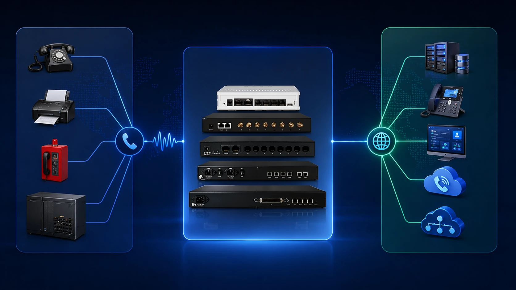 Architecture réseau de passerelle VoIP avec terminaux analogiques, trunks PSTN ou PBX, couche de traitement passerelle, serveur SIP et réseau IP
