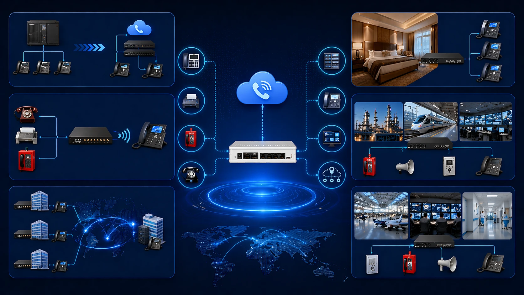 Applications de passerelle VoIP dans la migration PBX, la téléphonie d’agence, les téléphones analogiques d’urgence et les systèmes de communication industriels