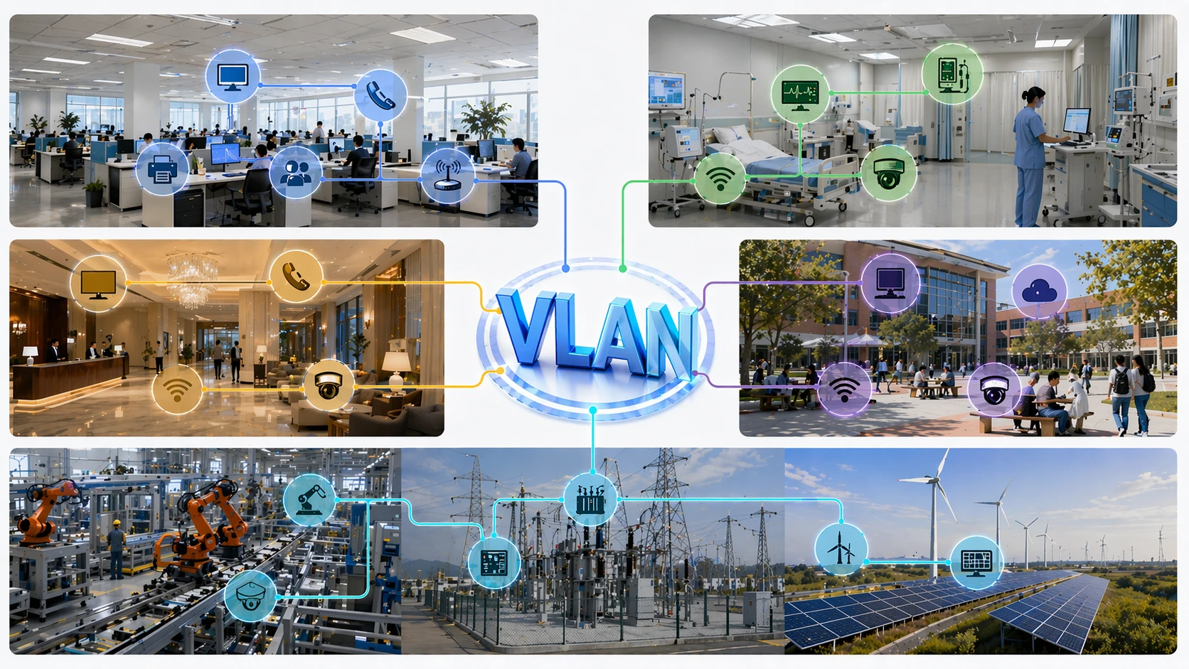 Segmentation VLAN utilisée dans les bureaux, Wi-Fi de campus, hôpitaux, systèmes de vidéosurveillance et réseaux de contrôle industriel