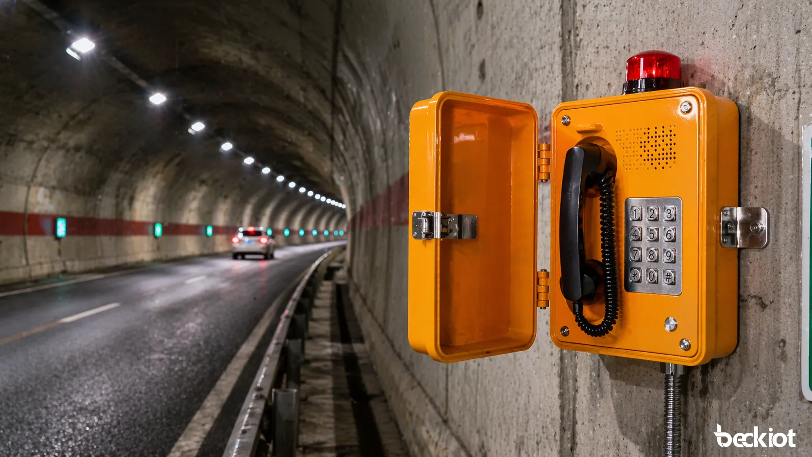 Téléphone d'urgence résistant aux intempéries installé dans un tunnel ou un couloir routier pour une assistance rapide et une communication avec la salle de contrôle