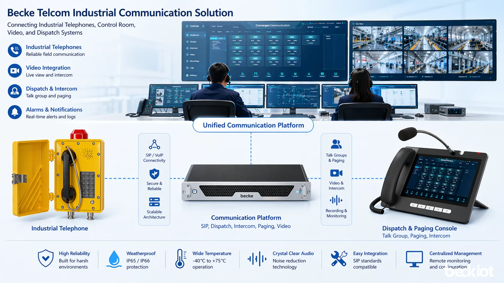 Solution de communication industrielle Becke Telcom reliant téléphones industriels, salle de contrôle, vidéo et systèmes de dispatching
