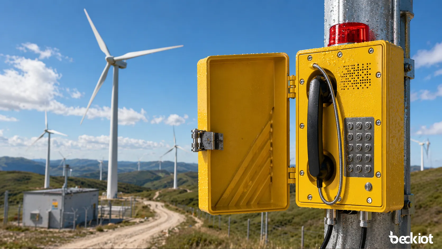 Téléphone industriel Becke Telcom utilisé dans un parc éolien distant pour la coordination terrain et la communication d’urgence