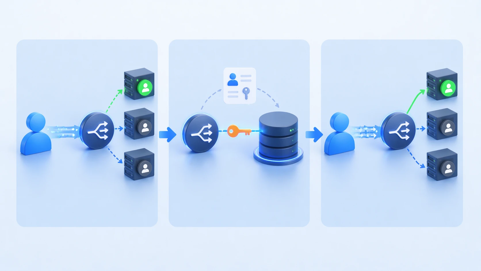 Flux de persistance de session montrant un répartiteur sélectionnant un backend, stockant une clé d’affinité et routant les requêtes suivantes vers le même serveur