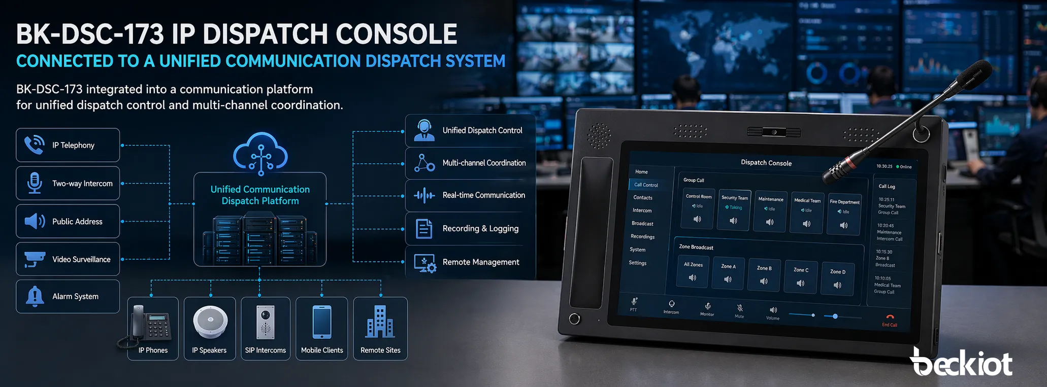 Console de dispatch IP BK-DSC-173 utilisée dans un environnement de salle de contrôle moderne