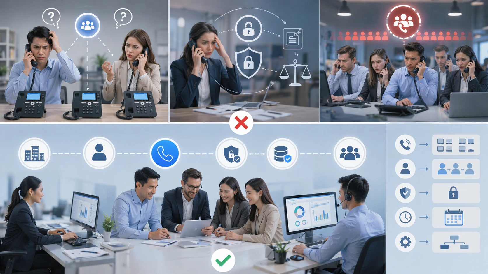 Concept de configuration Appel en Partage montrant les touches de ligne, la confidentialité, le comportement d’attente et la gestion d’appels en équipe