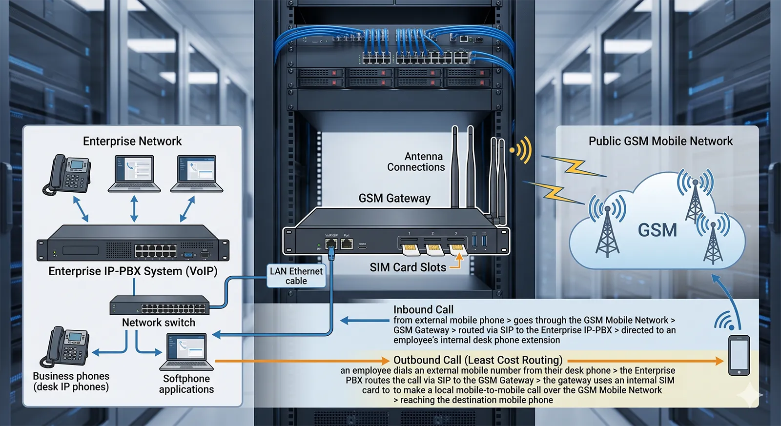 Passerelle GSM reliant un système téléphonique d’entreprise au réseau mobile GSM dans un environnement de voix professionnel