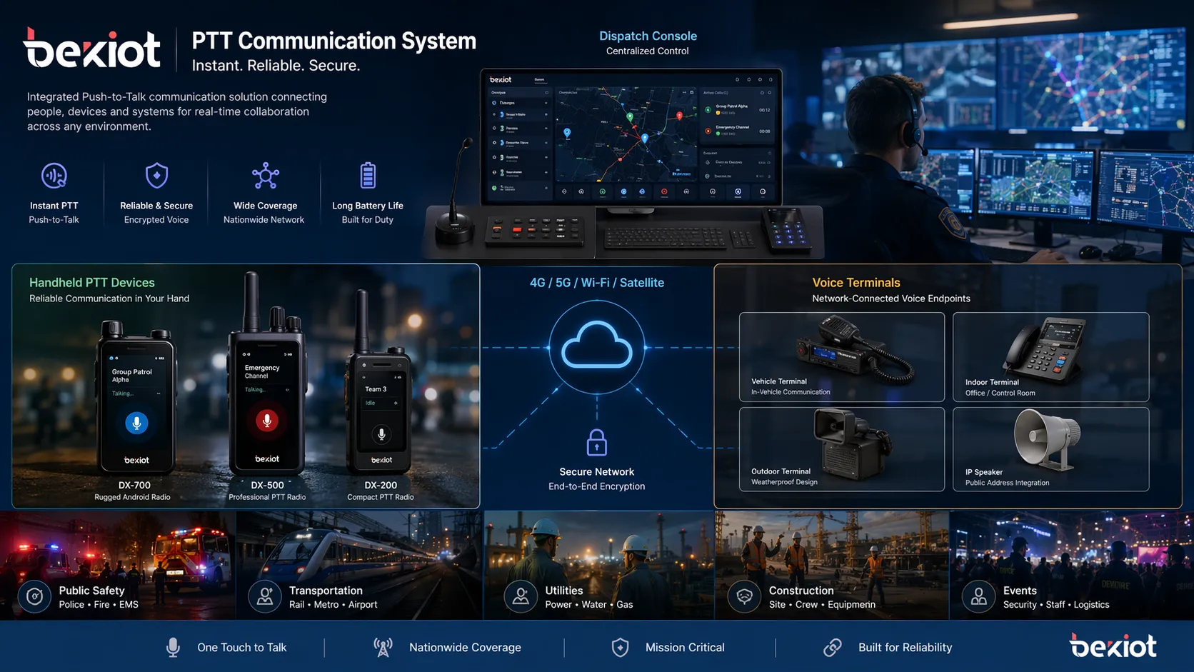 Système de communication PTT avec appareils portables, console de dispatching et terminaux vocaux connectés au réseau dans un environnement opérationnel