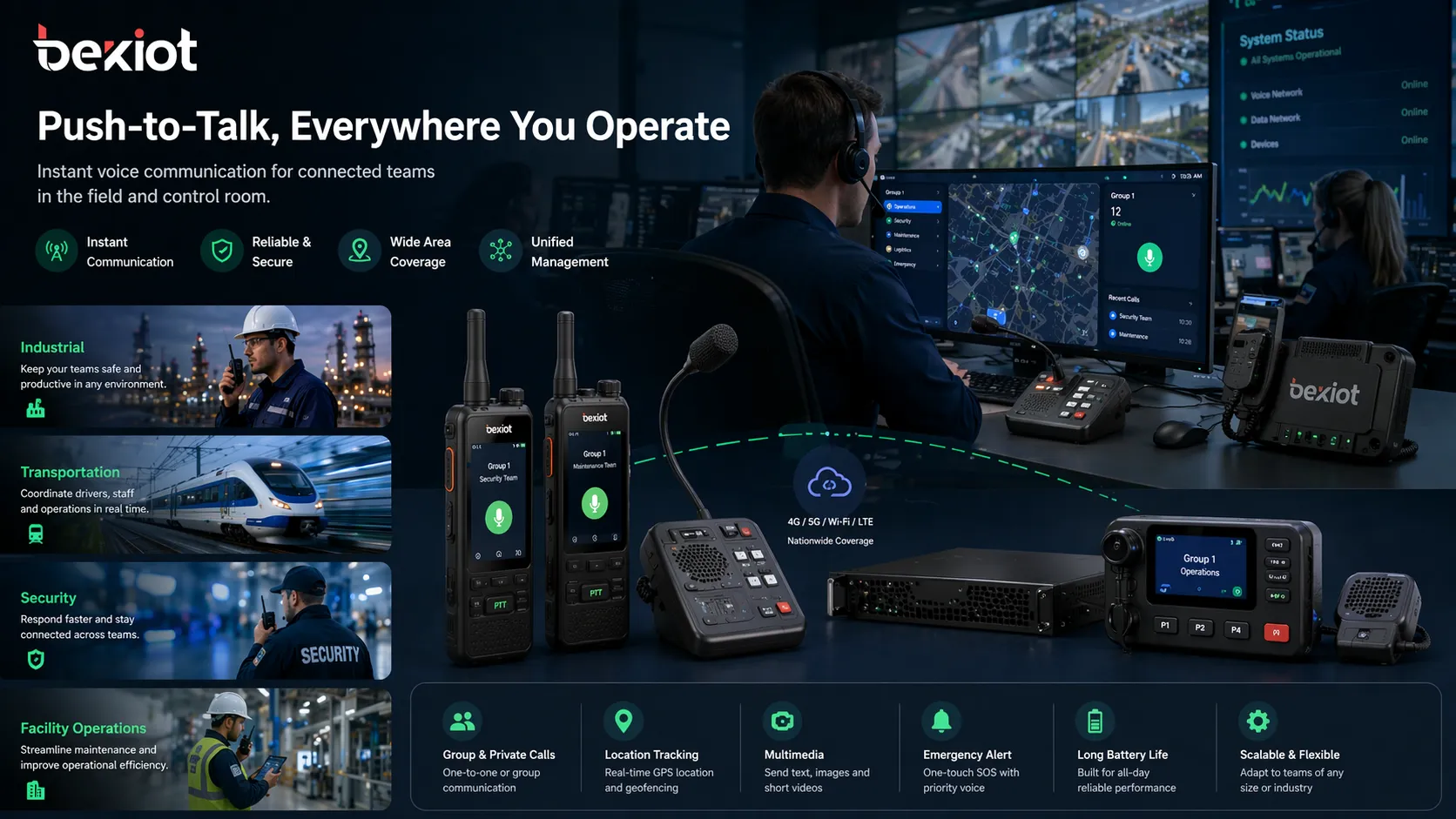 Push-to-Talk utilisé dans des opérations industrielles, de transport, de sécurité et de gestion de sites avec équipes terrain et personnel de dispatching connectés