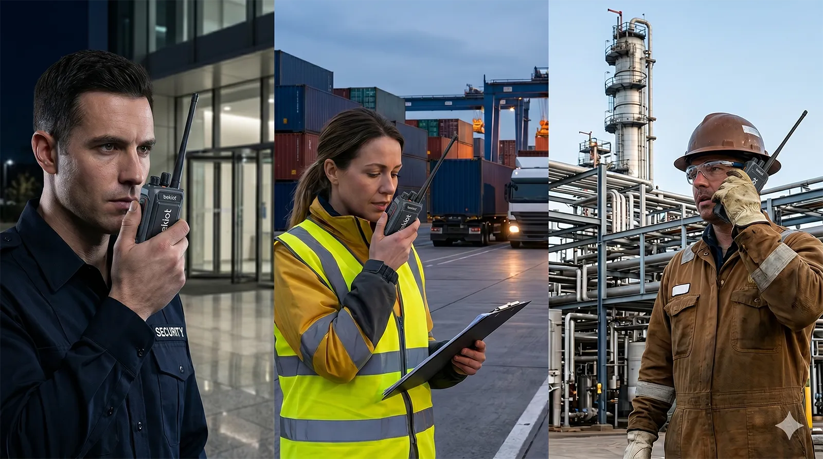 Radios portables Push-to-Talk de Becke Telcom utilisées par les équipes terrain dans la sécurité, le transport et les opérations industrielles