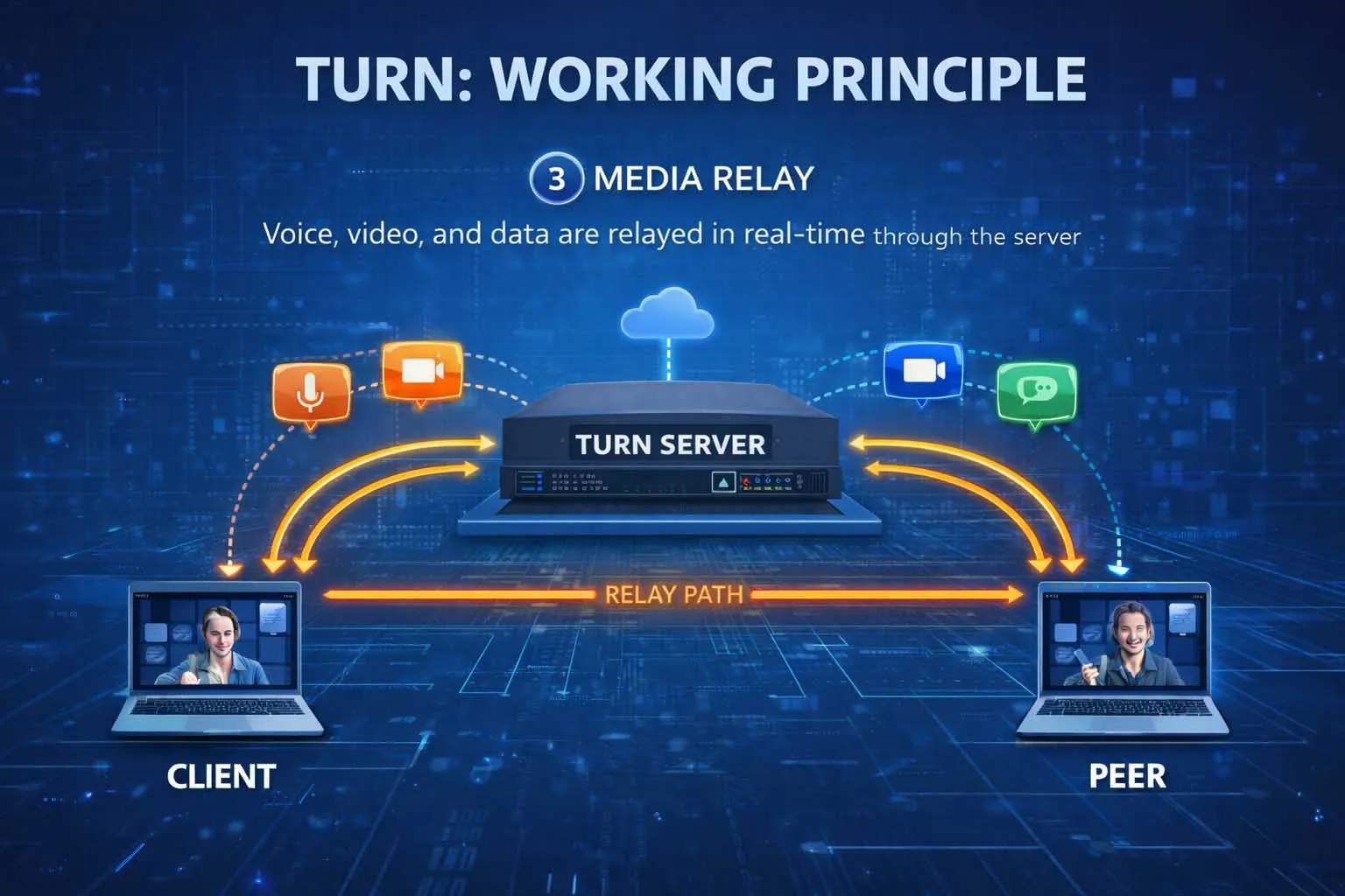Sessions vocales, vidéo et données en temps réel relayées via un serveur TURN dans différents scénarios d'application