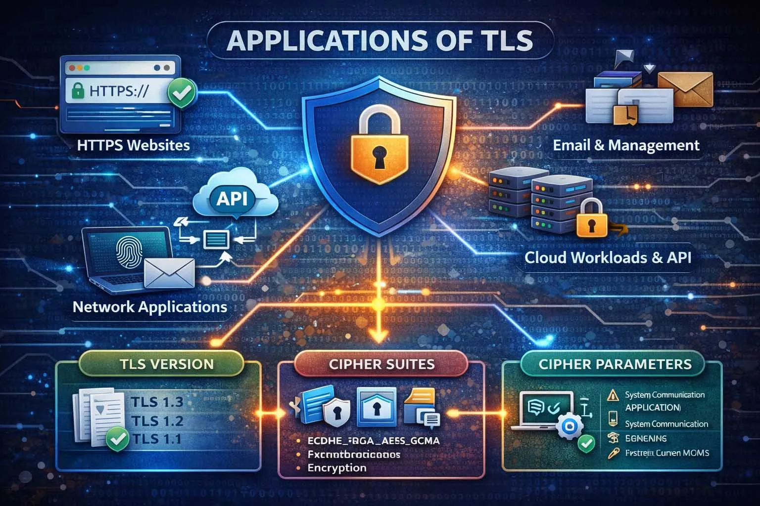Applications du TLS : sites HTTPS, API, services email, charges cloud, interfaces de gestion à distance et communications machine-to-machine.