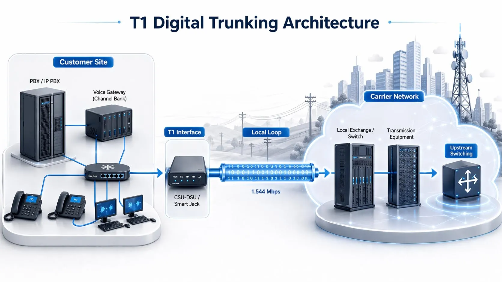 Architecture réseau de tronçon numérique T1 montrant PBX ou routeur, CSU/DSU, boucle locale, central opérateur et réseau public