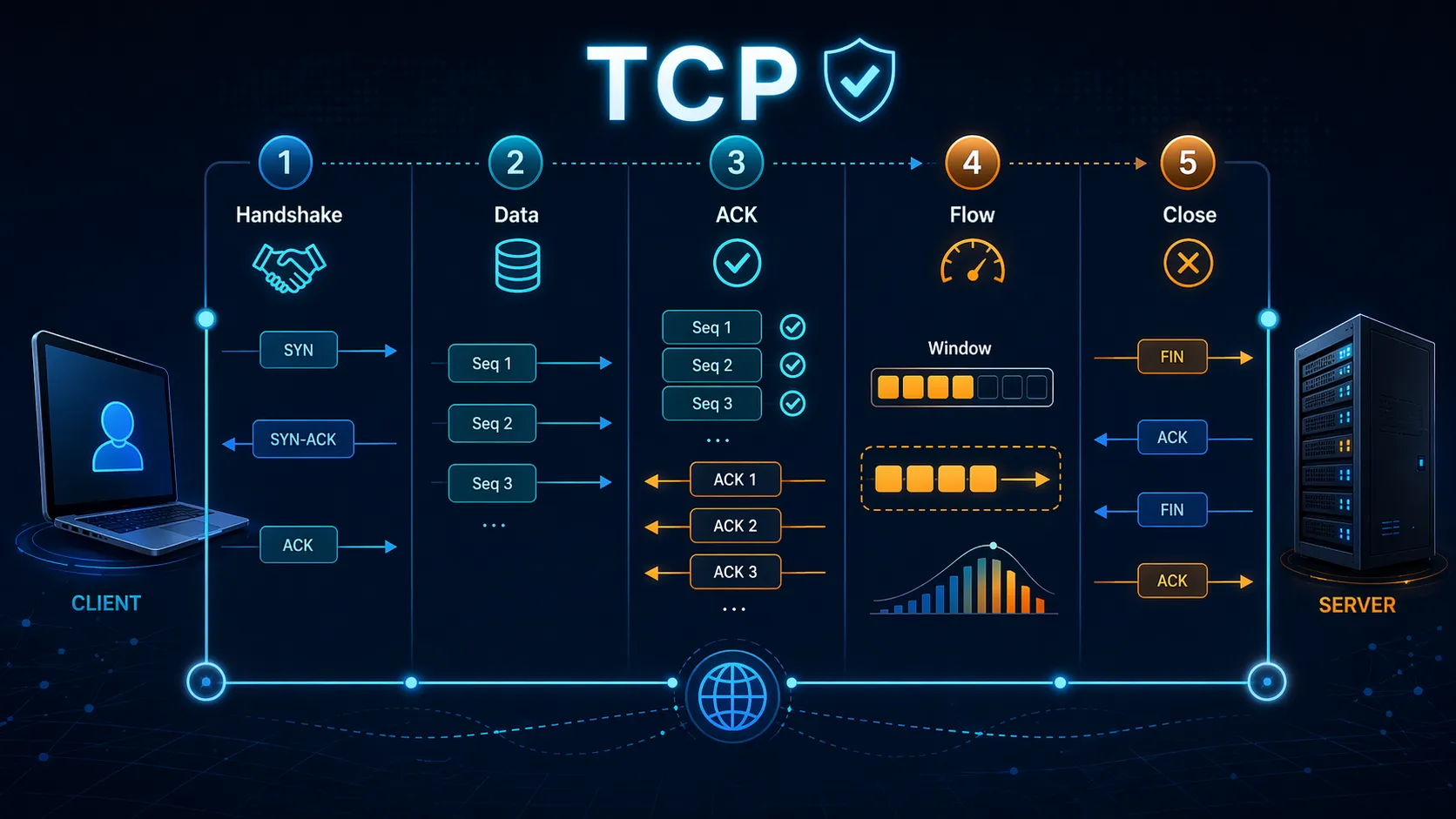 Illustration de la poignée de main TCP suivie de la livraison ordonnée des segments et de l'échange d'accusés