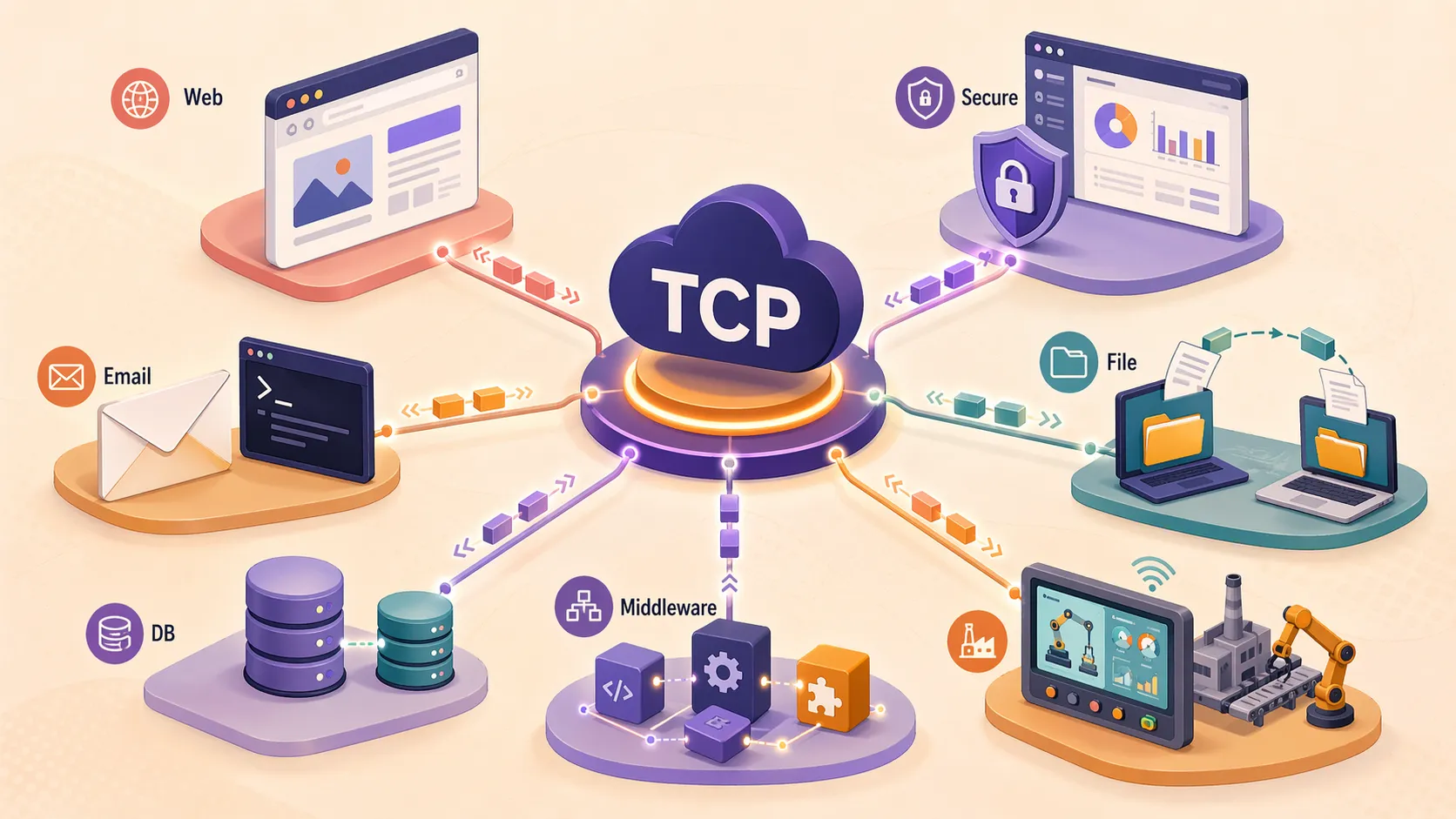 Applications d'entreprise et industrielles utilisant TCP pour l'accès Web, le transfert de fichiers, les bases de données et les communications serveur