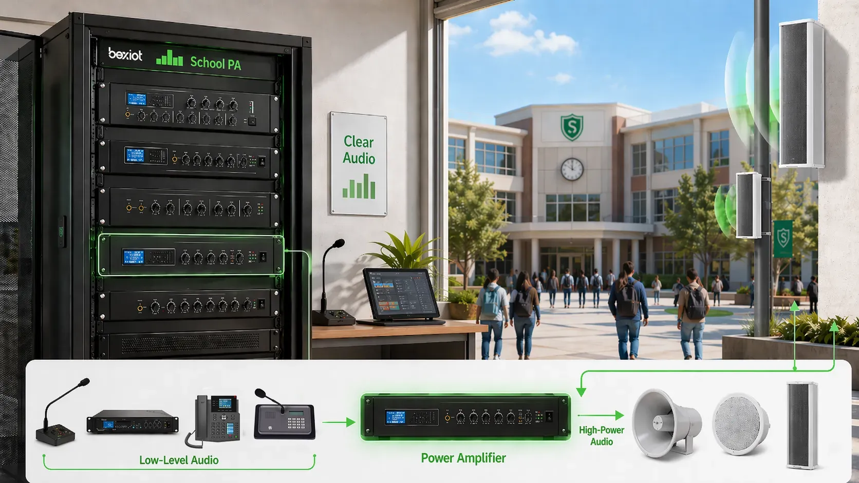 Amplificateur de puissance en rack installé dans une salle de contrôle professionnelle de sonorisation et audio