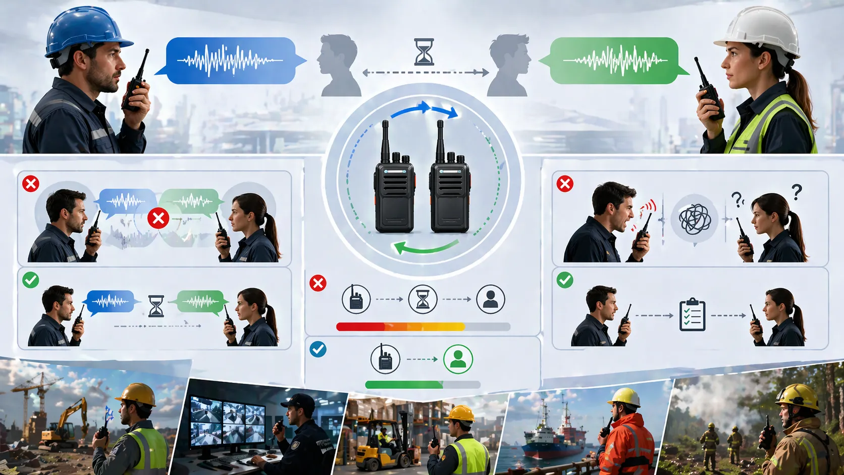 Communication semi-duplex utilisée dans des opérations de terrain, avec des transmissions uniques sur un canal partagé