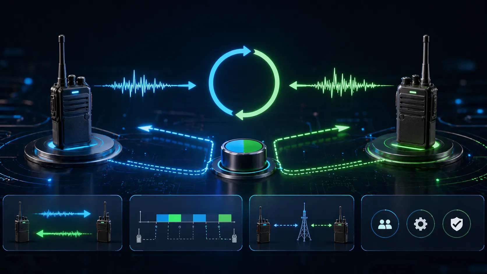 Schéma conceptuel de la commutation de mode duplex montrant les transitions entre full-duplex, half-duplex et états émission/réception
