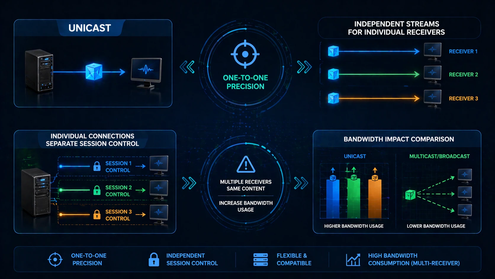 Plusieurs sessions unicast indépendantes délivrant des flux un à un séparés à différents terminaux