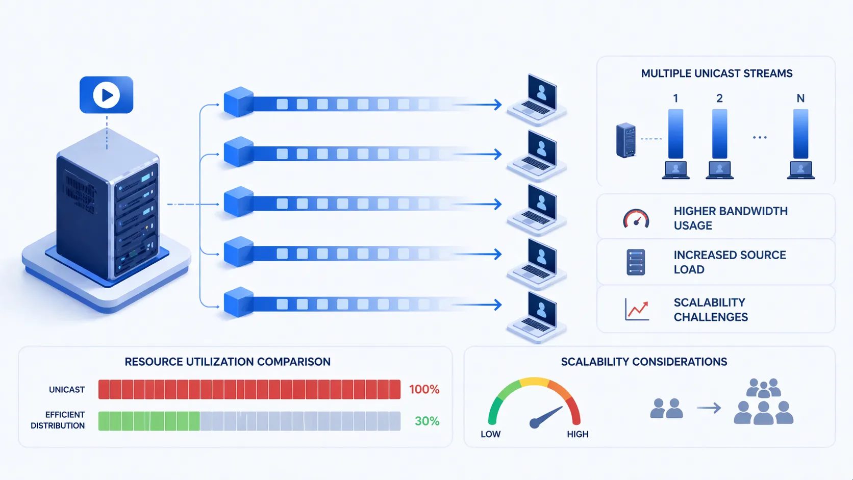 Exemple de mise à l'échelle de l'unicast montrant une source envoyant plusieurs flux séparés à de nombreux récepteurs