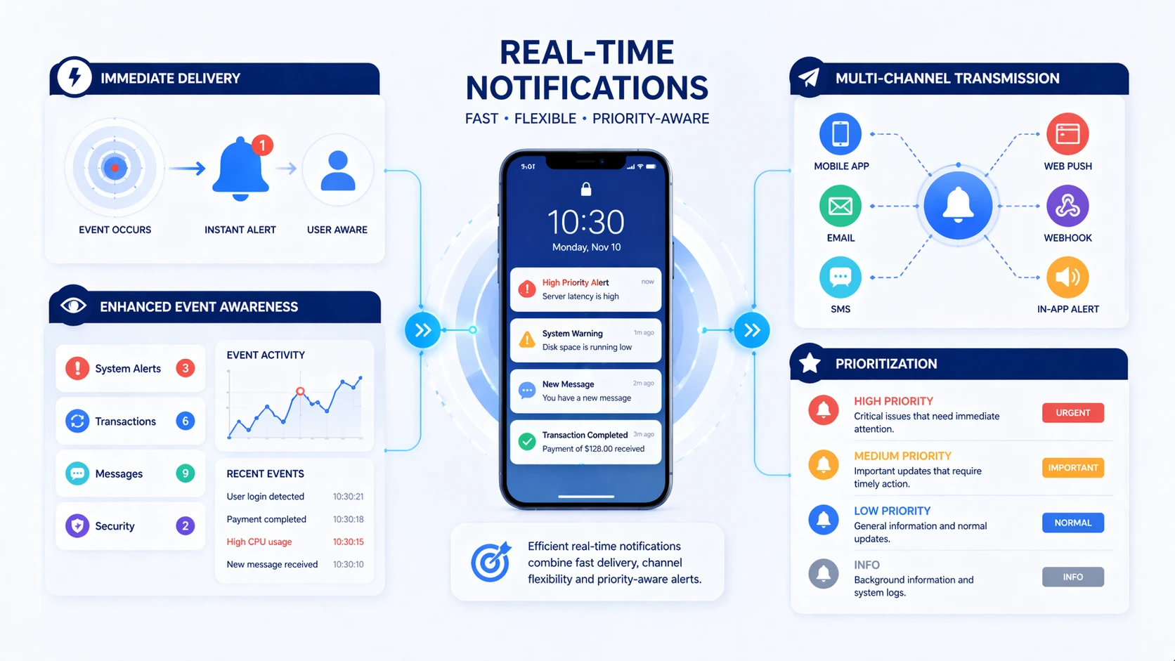 Plateforme de notification en temps réel avec alertes multicanal, niveaux de priorité et diffusion immédiate des événements