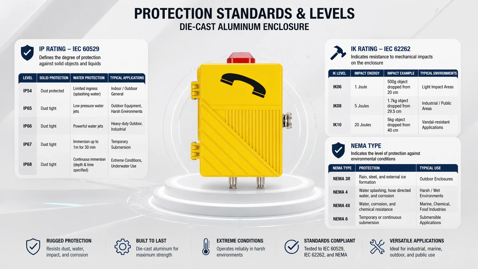 Boîtier en aluminium moulé sous pression mettant l'accent sur la protection IP, la résistance aux chocs IK et les considérations de type NEMA