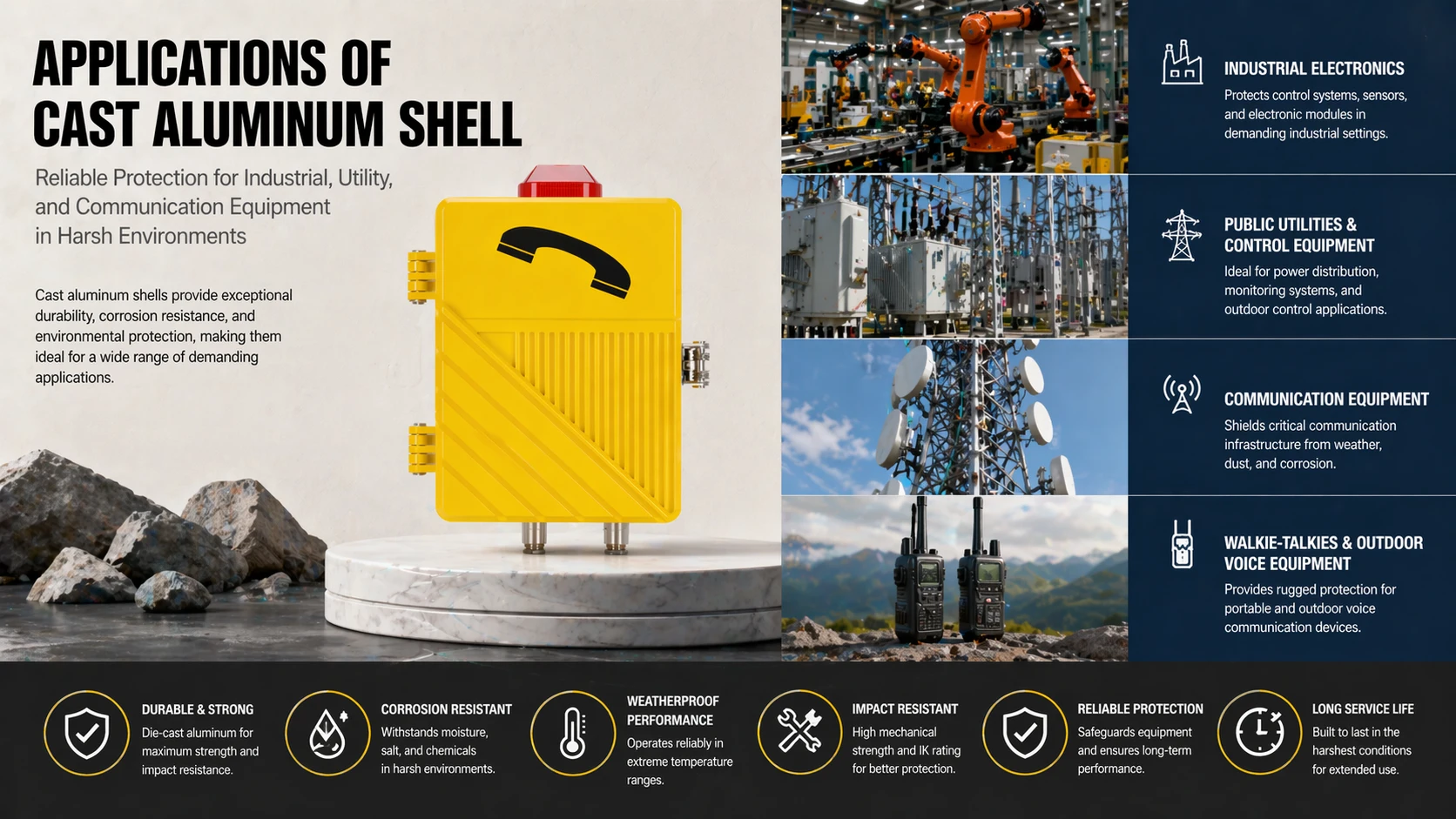 Boîtiers en aluminium moulé sous pression utilisés dans l'électronique industrielle, les interphones extérieurs et les équipements de communication pour environnements sévères