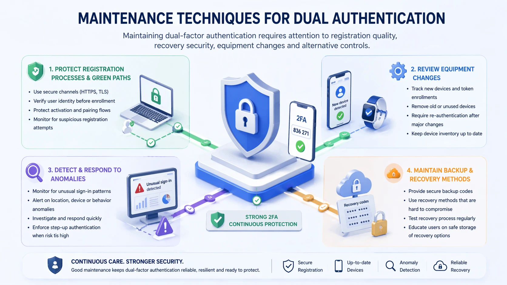 Processus de maintenance de l'authentification à deux facteurs couvrant l'enregistrement, la récupération, les appareils de confiance et la revue des politiques