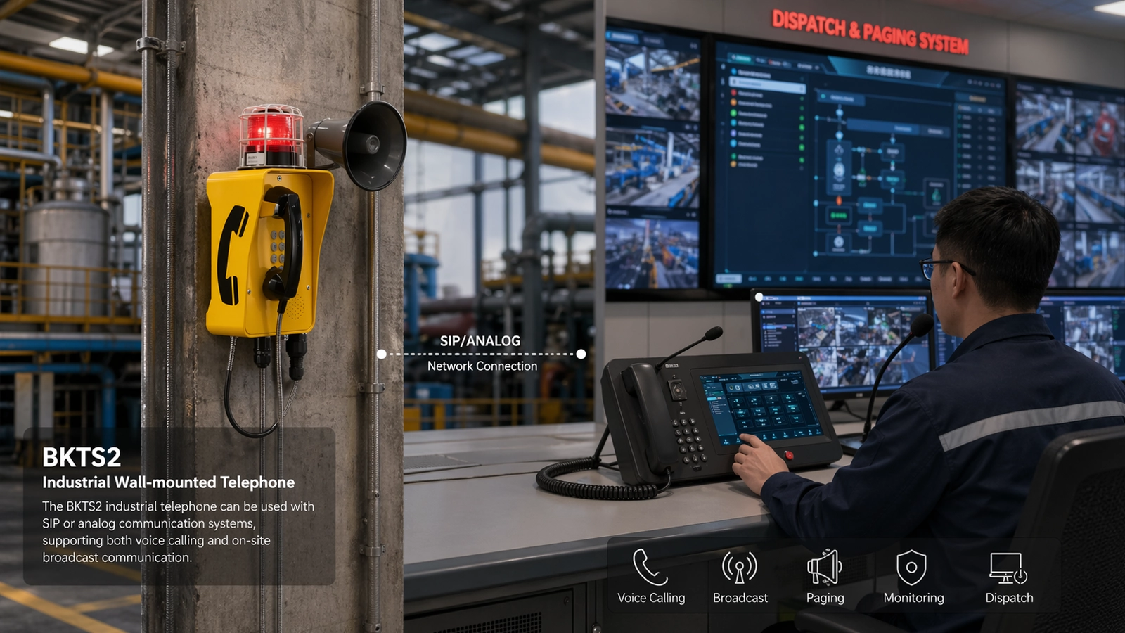Téléphone industriel mural SIP ou analogique BKTS2 connecté aux systèmes de répartition et de diffusion
