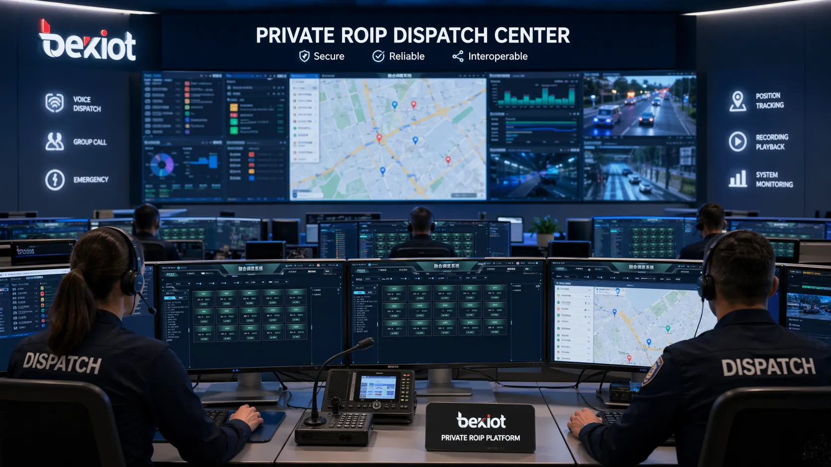Centre de dispatch de sécurité publique moderne avec plusieurs écrans affichant une console ROIP privée