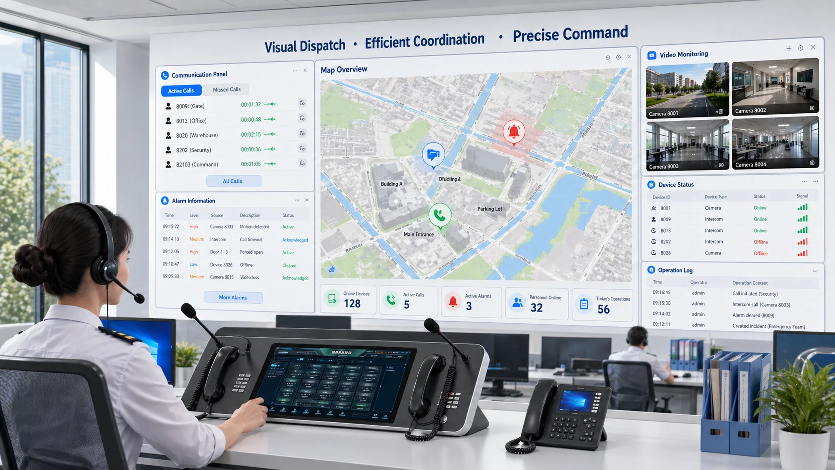 Système de dispatching visuel avec pilotage cartographique, vidéo en direct, panneaux de communication SIP et fenêtres d’alarme