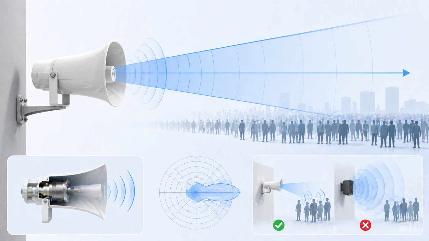 Haut-parleur à corne montrant une projection sonore directionnelle et une couverture vocale efficace sur un site extérieur