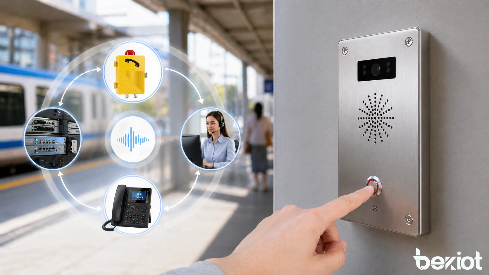 Terminal de communication industriel ou public avec bouton d’appel proéminent, indication d’identité claire et liaison avec la salle de contrôle