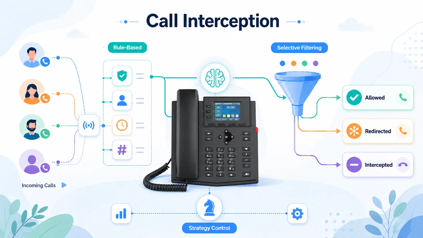Caractéristiques du blocage d’appels montrées à travers des règles de politique, un filtrage sélectif des numéros et une logique de contrôle d’accès téléphonique