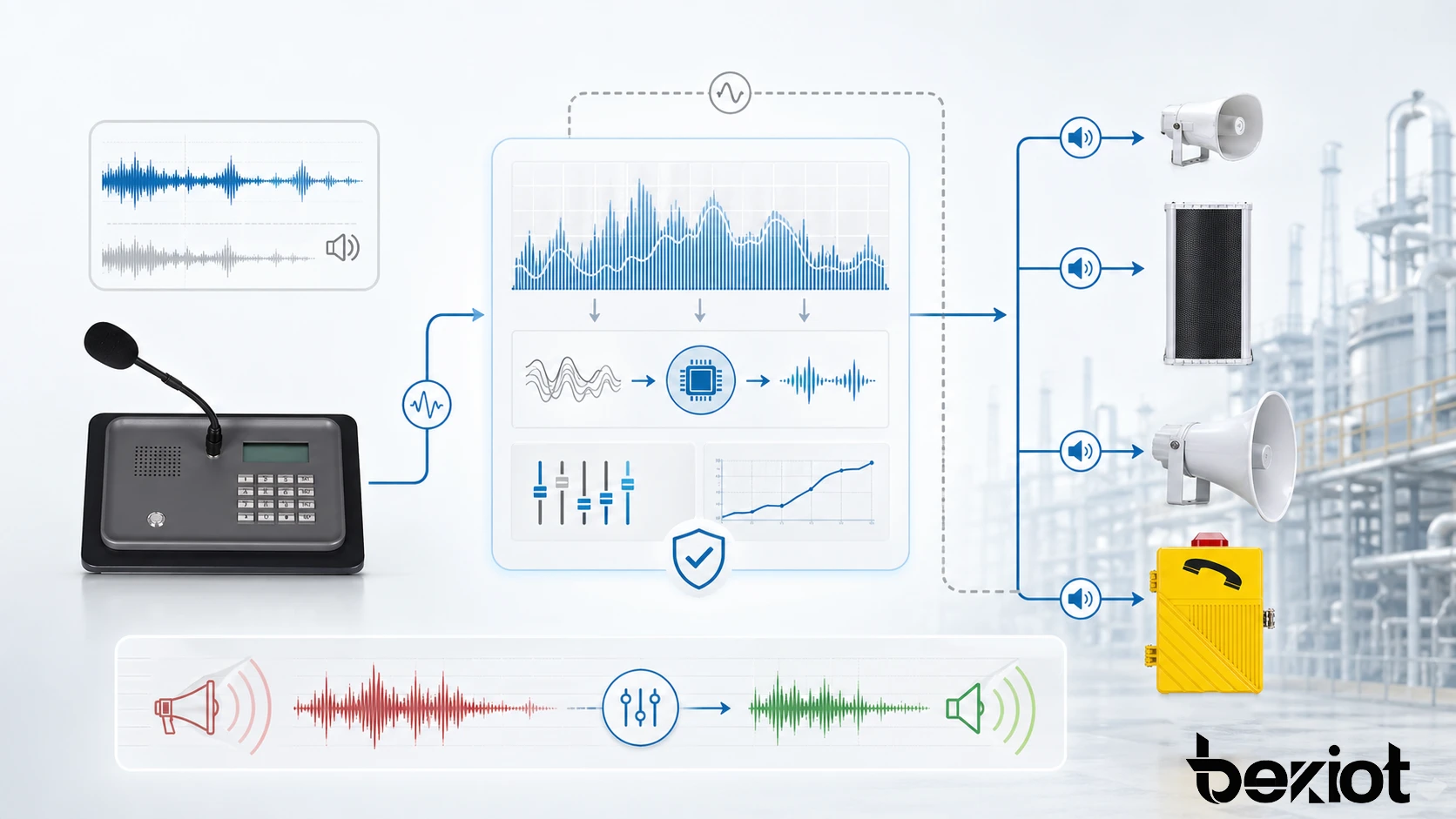 Fonctionnalités de suppression du larsen avec détection automatique du retour, filtrage adaptatif, contrôle du gain et préservation d’une parole claire