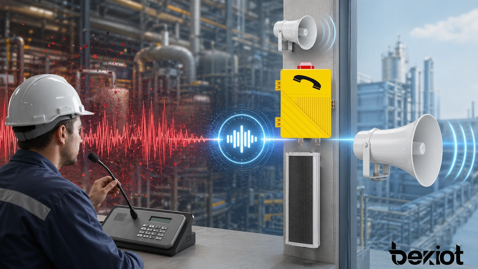 Concept de réduction de bruit NR montrant la diminution du bruit de fond tout en conservant une parole claire dans un système de communication professionnel et industriel