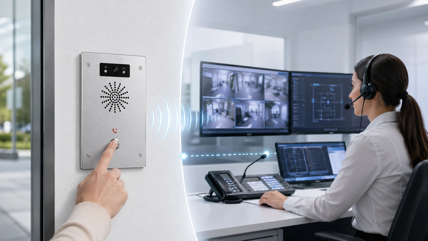 Concept de communication Talkback montrant un opérateur de salle de contrôle répondant à un utilisateur d’interphone de terrain via un système vocal bidirectionnel