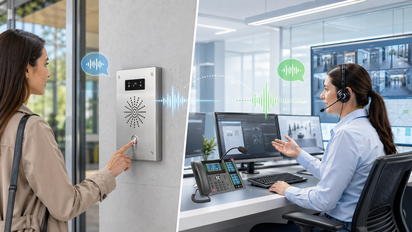 Fonctions Talkback montrant réponse opérateur, assistance à distance, confirmation, coordination et transmission d’instructions dans un système de communication