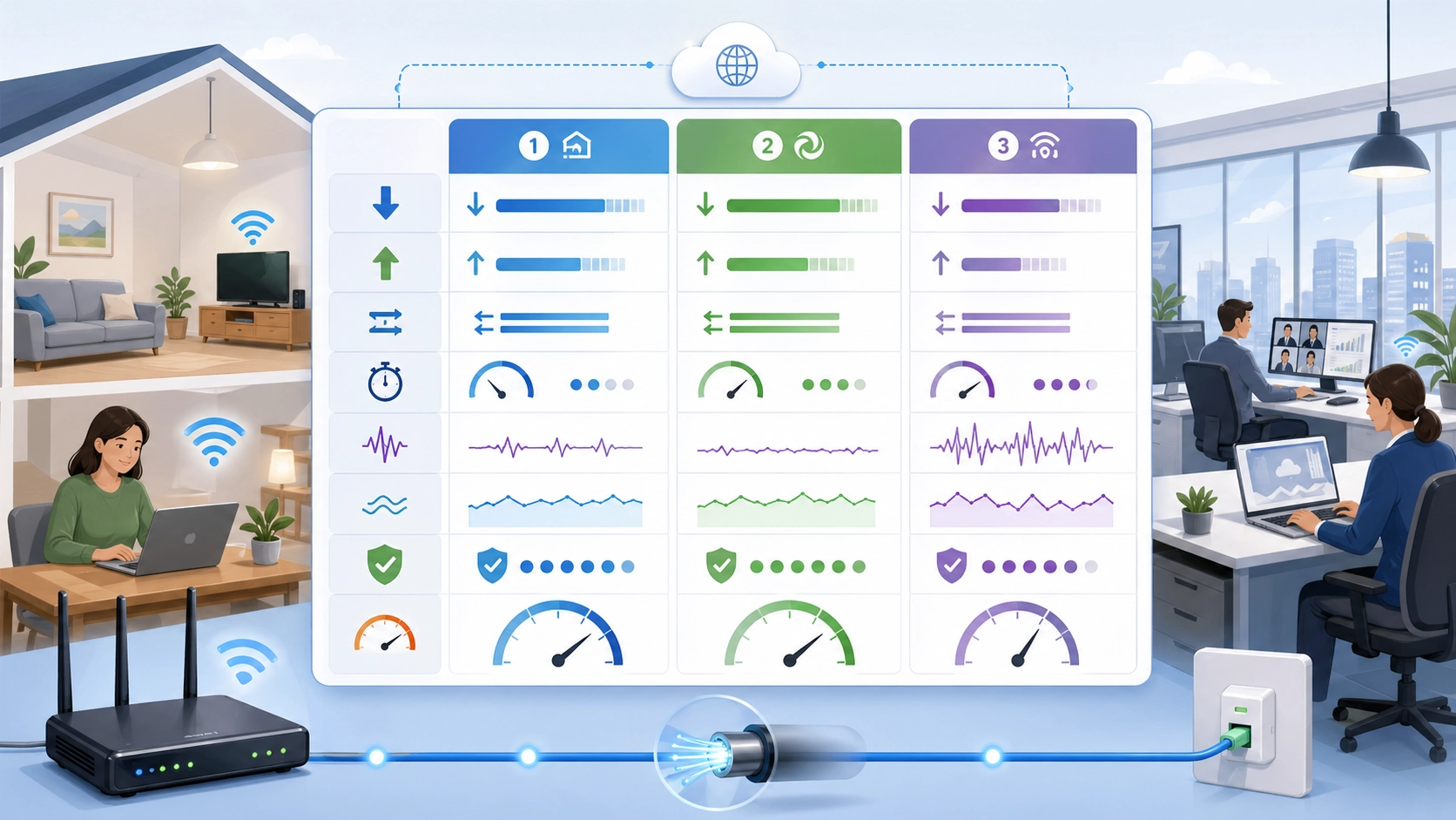 Comparaison de fournisseurs de haut débit fixe présentant des métriques de débit descendant, débit montant, latence, régularité et fiabilité du réseau