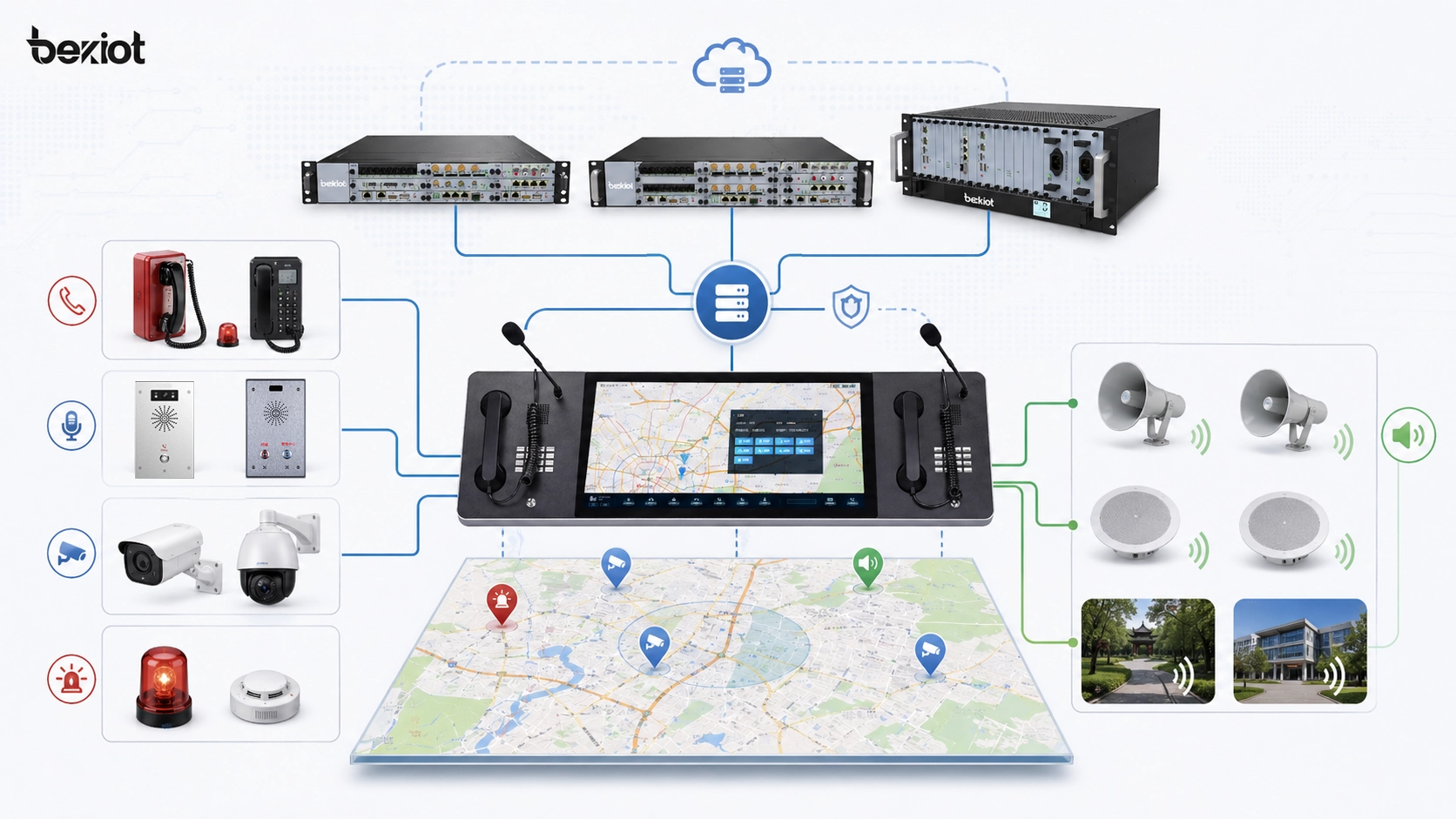 Fonctions du dispatching cartographique montrant l’état des équipements en temps réel, la disponibilité des opérateurs, la localisation d’alarme, la liaison vidéo et les zones de sonorisation