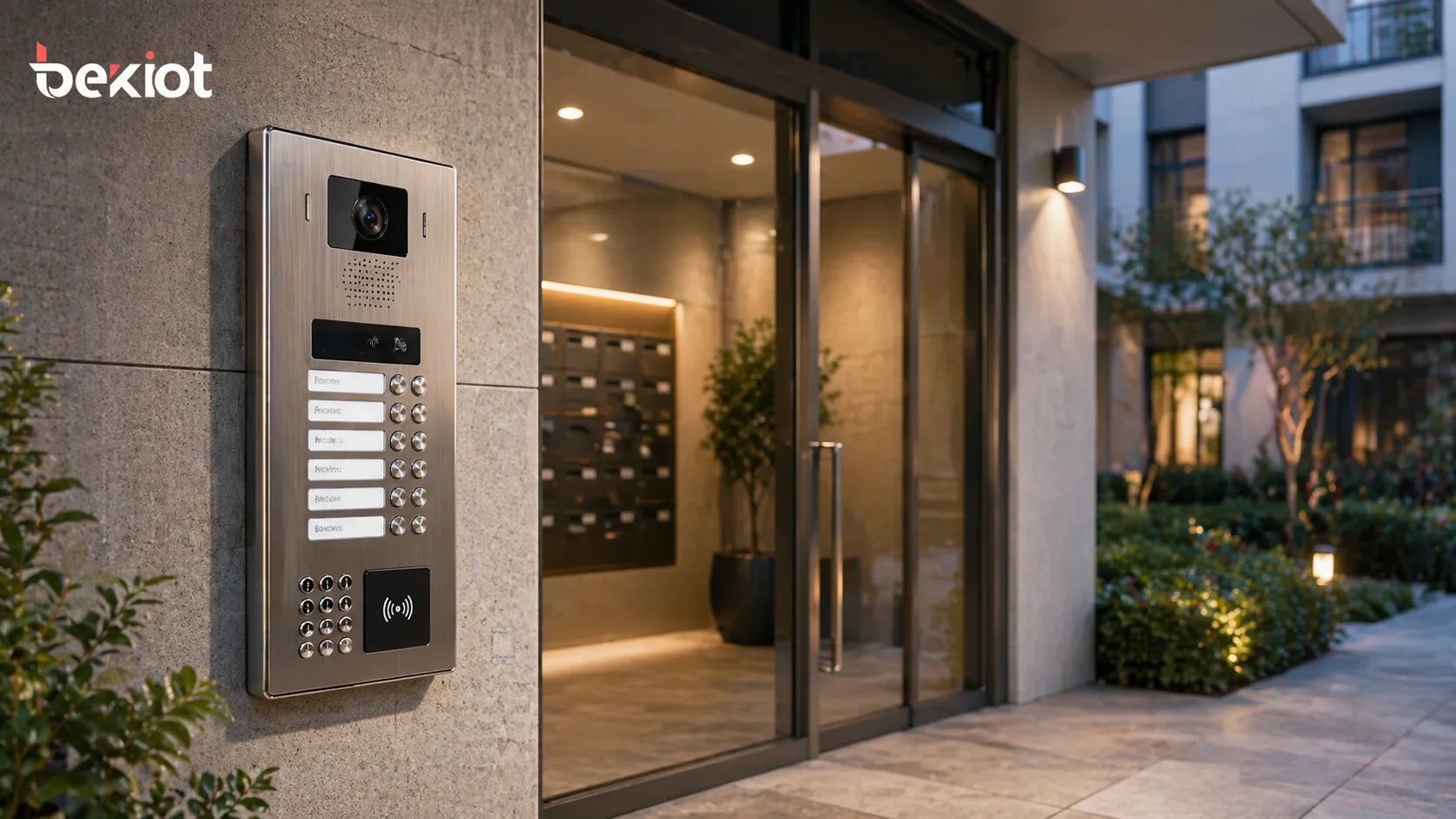 Interphone mural à l’entrée d’un immeuble résidentiel multi-locataires