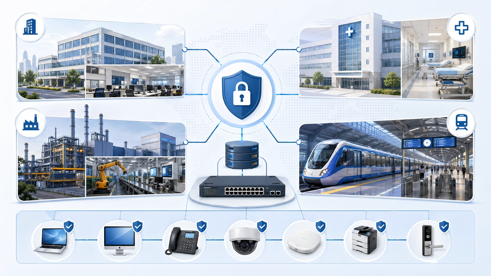 Applications 802.1X dans bureaux, campus, hôpitaux, sites industriels, transports, téléphones IP, caméras et commutateurs d’accès