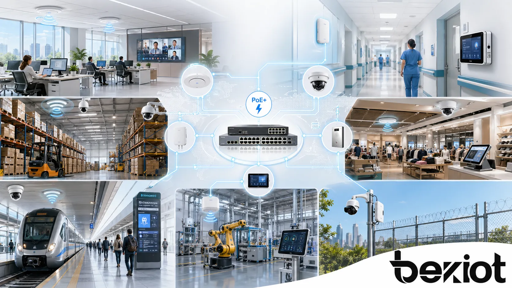 Applications de PoE+ en oficinas, campus, hospitales, almacenes, tiendas, sitios de transporte, instalaciones industriales y redes exteriores de seguridad